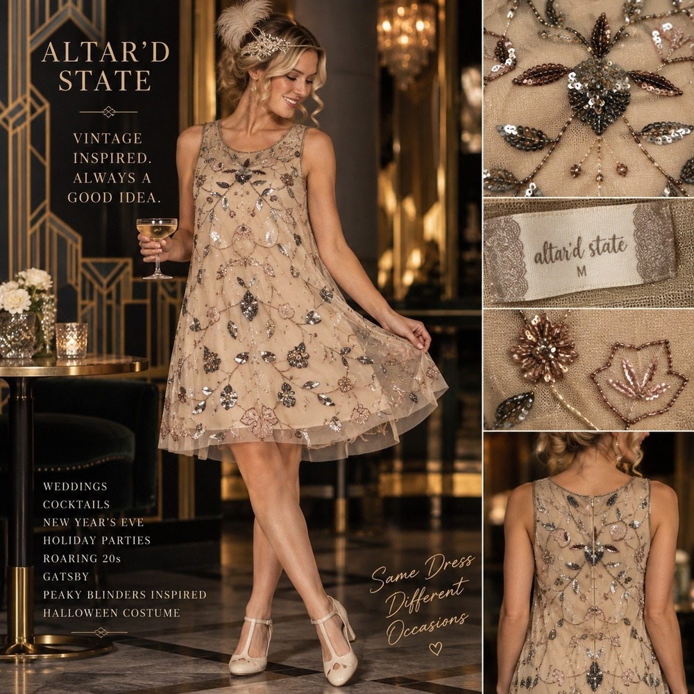 Altar’d State Beaded Sequin Mesh Shift Dress M Gatsby 1920s Cocktail Party